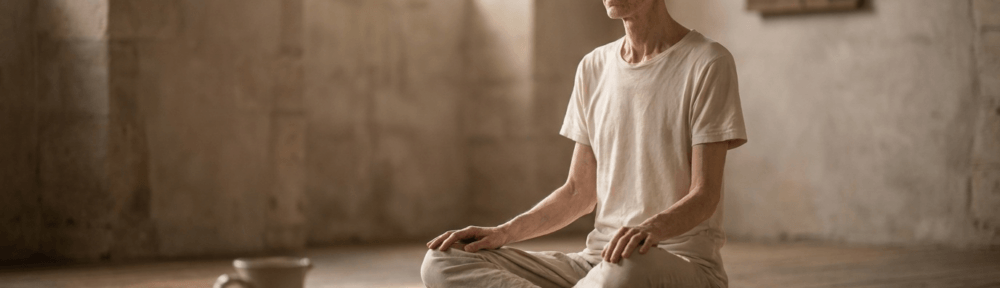 Photographie contemplative hyperréaliste d'une personne pratiquant le jeûne sec en posture méditative dans un sanctuaire épuré, illustrant la dimension ascétique et spirituelle de cette pratique extrême.