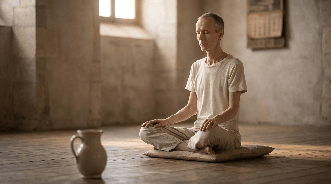 Image éditoriale neutre et documentaire d'une personne en jeûne sec assis en méditation, illustrant la profondeur ascétique et méditative de cette pratique traditionnelle sans la glorifier.