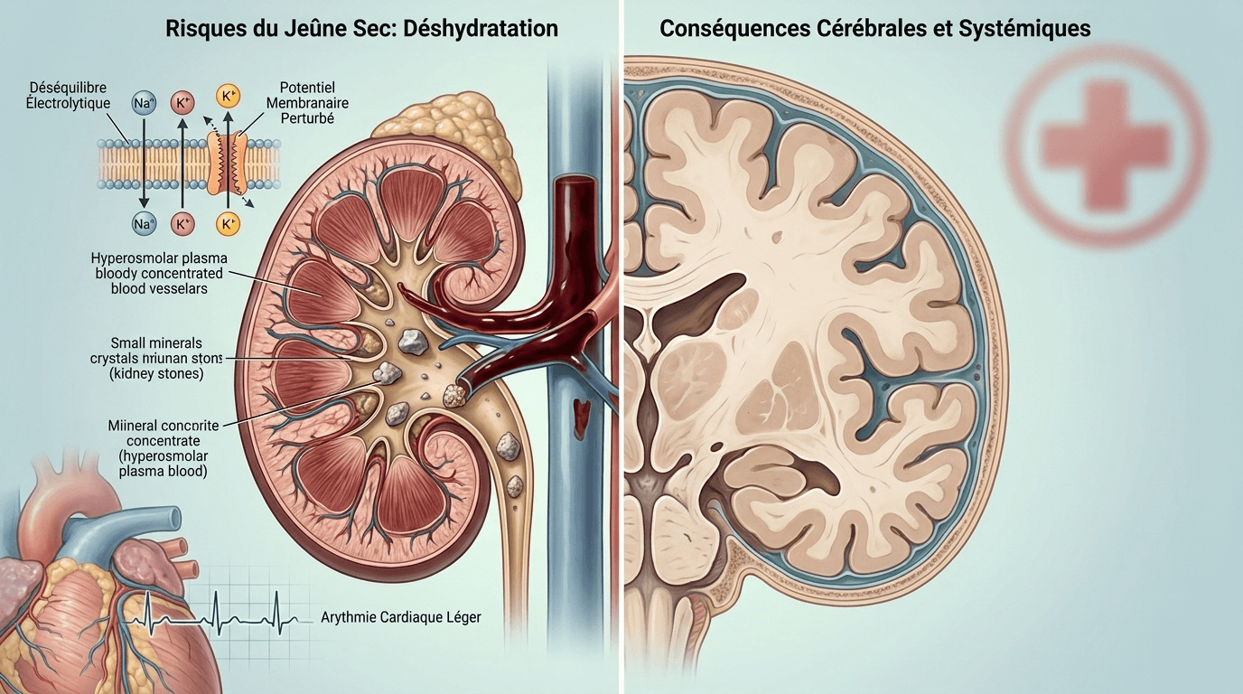 Schéma anatomique éducatif illustrant les principaux risques physiologiques directs du jeûne sec : fonction rénale compromise, déséquilibres électrolytiques, hyperosmolarité sanguine et arythmie.