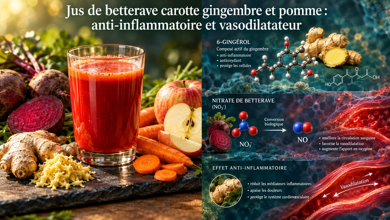 Combinaison racine‑gingembre – nitrates de la betterave pour le NO et gingérols pour l'inflammation chronique basse.