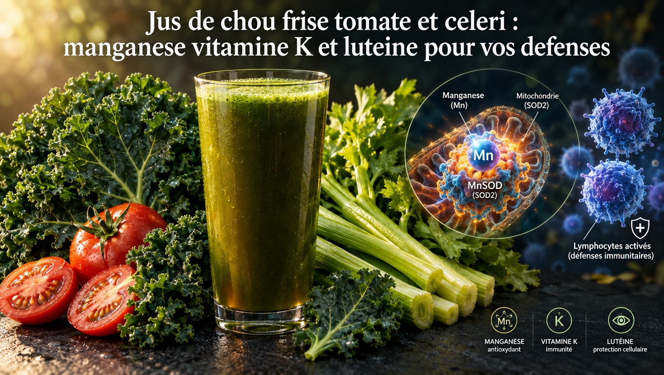  Le trio vert – kale + tomate + céleri – délivre vitamine K, lutéine et manganèse pour booster SOD2 et la barrière muqueuse.