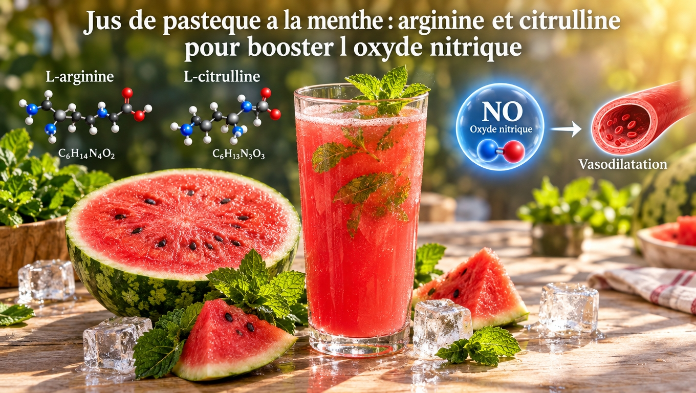  Pastèque + menthe – la richesse en arginine et citrulline favorise l'oxyde nitrique et l'hydratation, deux soutiens directs à l'immunité.