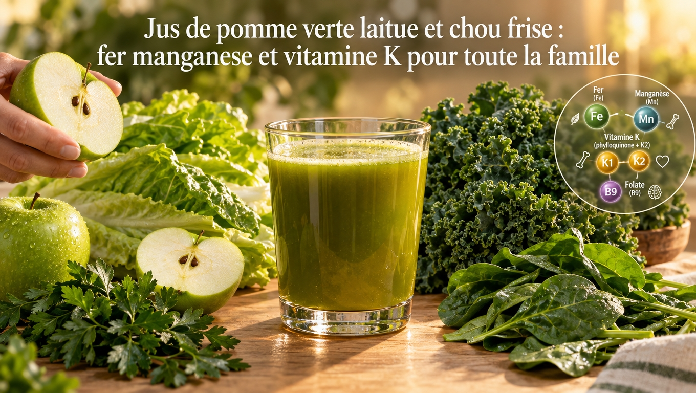 Un jus vert‑tonique adapté aux enfants : fer + légumes verts + manganèse pour le sang, les os et l'immunité intestinale.