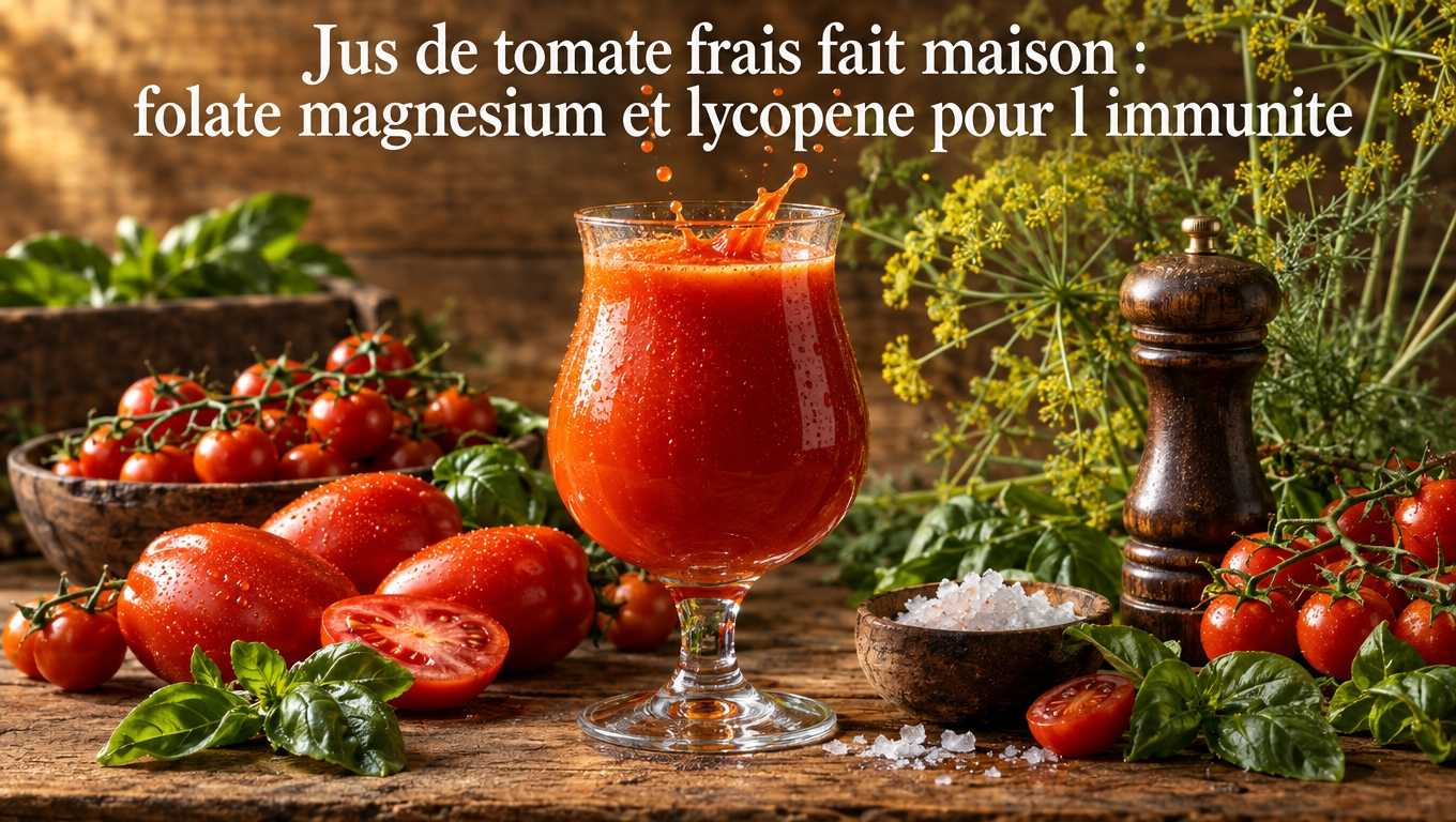 Tomate fraîche maison – source de lycopène (caroténoïde pro‑immunitaire pro‑Nrf2/glutathion) et de folate qui réduit les risques infectieux documentés.