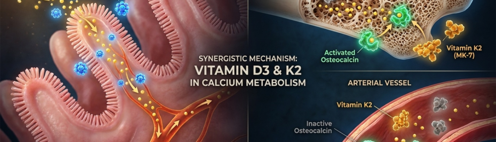Illustration médicale hyper-réaliste du mécanisme synergique vitamine D et K2 : absorption intestinale du calcium, activation de l'ostéocalcine osseuse et de la MGP artérielle pour un dépôt ciblé du calcium.