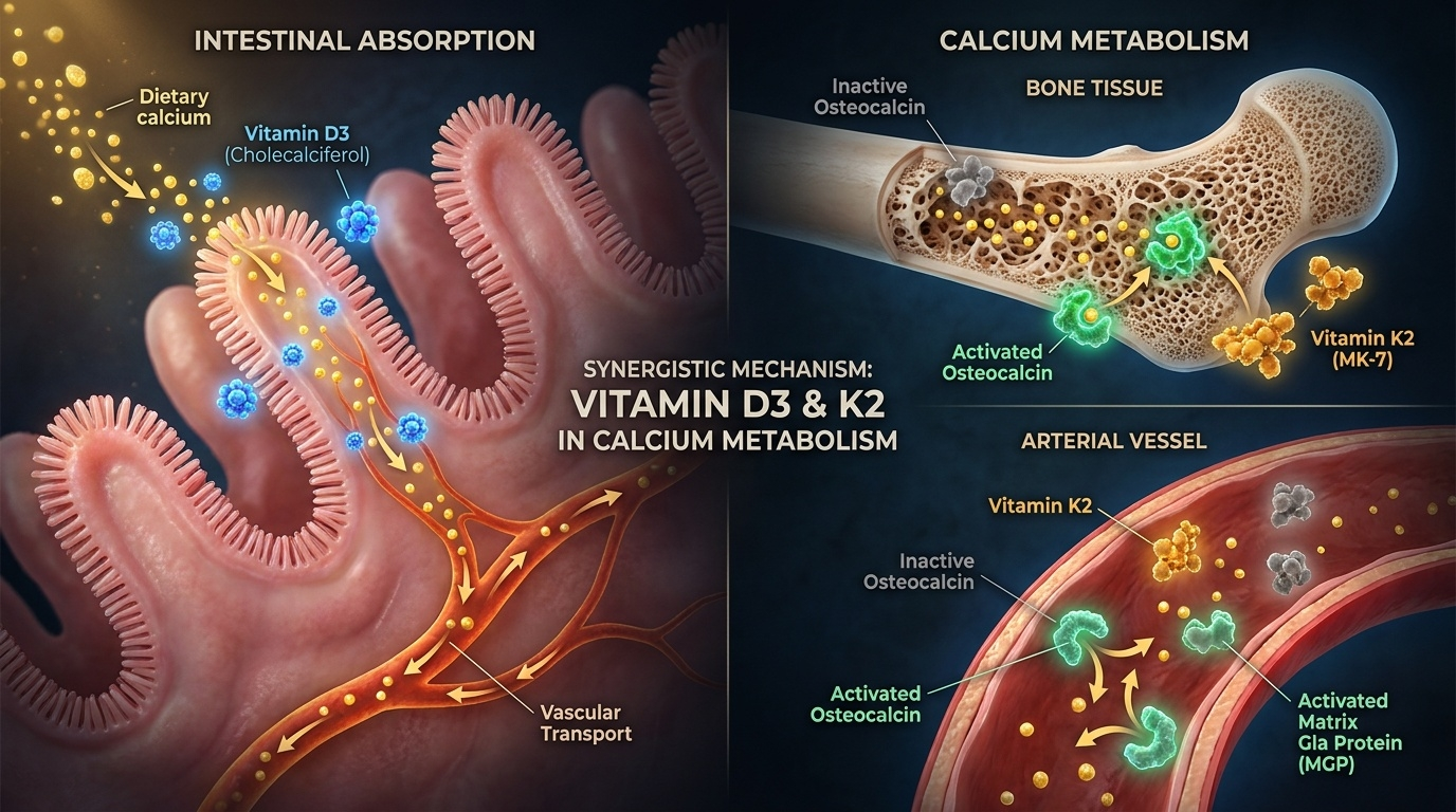 Schéma physiologique en coupe illustrant comment la vitamine D absorbe le calcium au niveau intestinal et comment la vitamine K2 active l'ostéocalcine osseuse et la protéine Gla matricielle (MGP) pour orienter ce calcium vers les os.