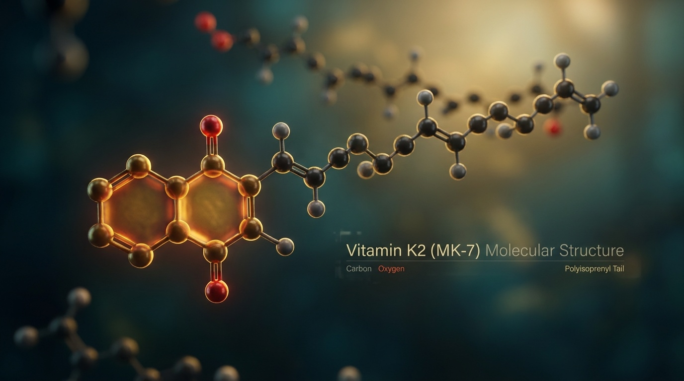  Représentation détaillée de la vitamine K2 MK-7, cofacteur essentiel à la carboxylation de l'ostéocalcine et de la MGP, indispensable à la santé osseuse et cardiovasculaire.