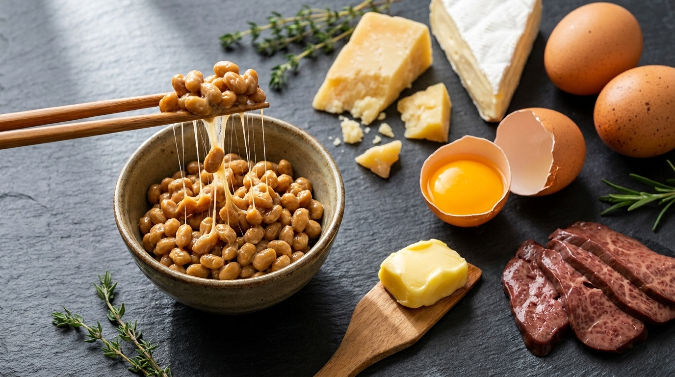 Composition culinaire top-down des principales sources alimentaires de vitamine K2 : natto (champion incontesté en MK-7), fromages affinés à pâte molle et pressée, œufs, beurre et foies d'animaux nourris à l'herbe