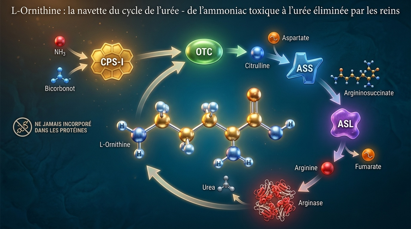 Schéma complet du cycle de Krebs‑Henseleit avec la L‑ornithine comme navette cyclique à la régénération continue.