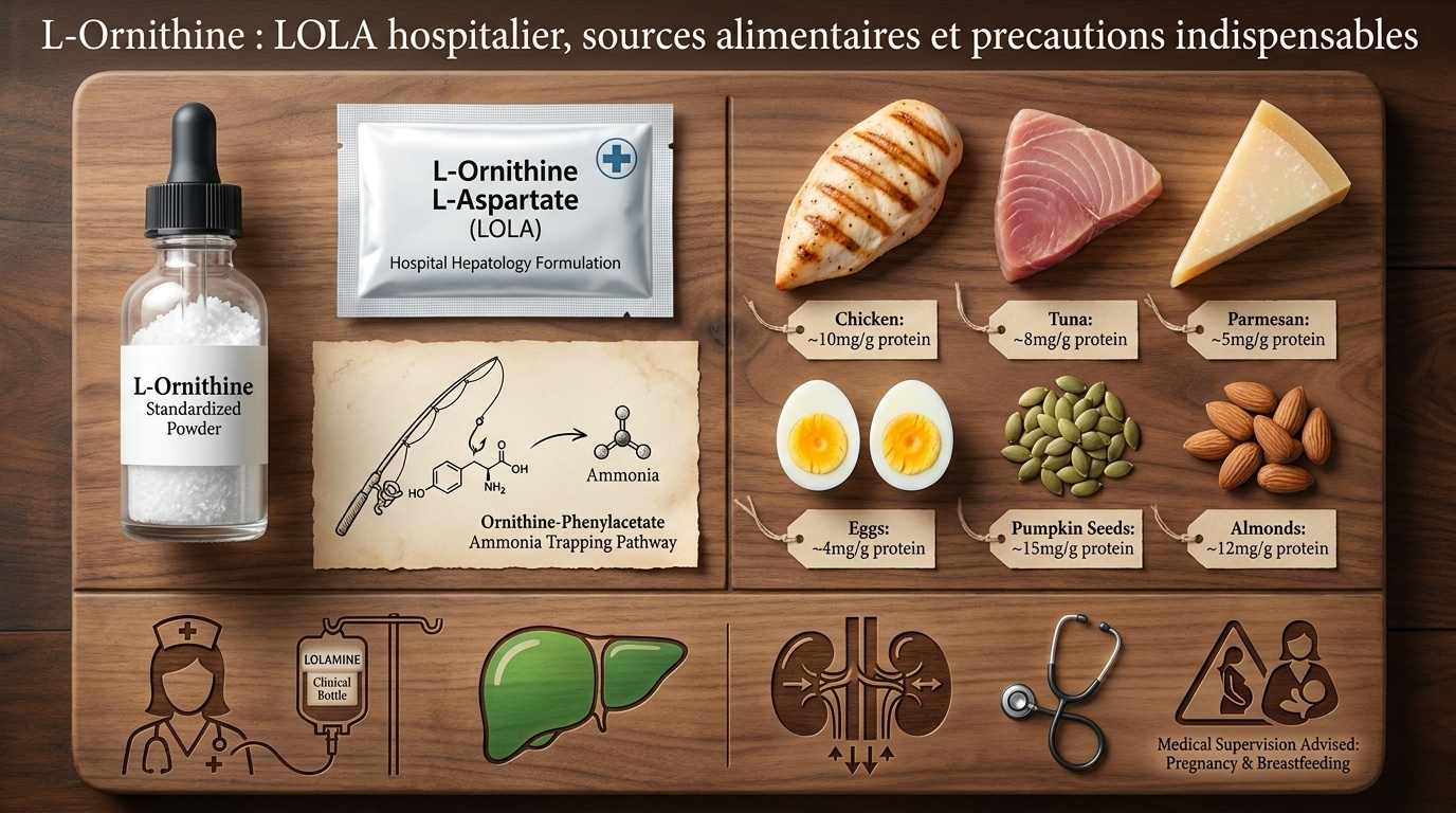 Vue pratique du LOLA, des sources naturelles d'ornithine+arginine et du profil de sécurité clinique.