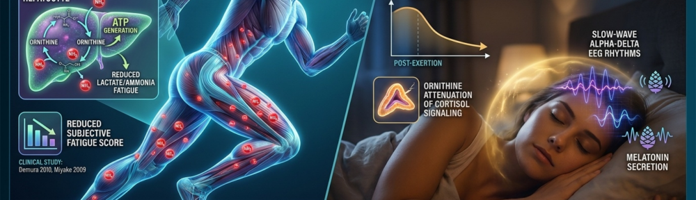 Infographie éditoriale split‑screen sur fond cobalt‑teal. Moitié gauche : un coureur musclé en fin de sprint épuisant, dont les stries musculaires squelettiques sont visibles en vue ultramicroscopique. Des molécules d'ammoniac (NH₃ — petites sphères rouges) s'accumulent entre les fibres musculaires et sont captées puis routées via le cycle ornithine‑urée illustré sur un encart d'hépatocyte glowing, ce qui permet la régénération d'ATP et la réduction de la fatigue induite par le lactate et l'ammoniac. Petite icône montrant un score subjectif de fatigue réduit après supplémentation en ornithine (études cliniques Demura 2010, Miyake 2009, 200 mg/kg/j avant effort). Moitié droite : scène de nuit paisible avec un dormeur dans une chambre assombrie auréolée d'un halo doré onirique. La courbe de cortisol chute après l'effort, le cortisol étant atténué par l'ornithine au niveau du cortex surrénalien (référence aux espèces animales Watanabe 2008) ; la sécrétion de mélatonine et les rythmes EEG alpha‑delta des ondes lentes cercellent le dormeur, évoquant une qualité subjective de sommeil améliorée.