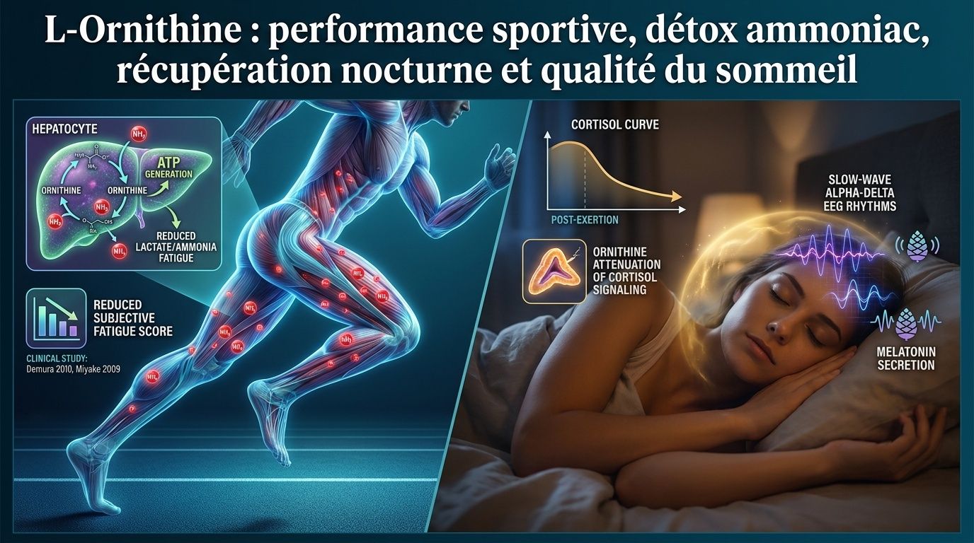 Double bénéfice de l'ornithine : atténuation de la fatigue ammoniac‑induite à l'effort et amélioration de la qualité du sommeil nocturne.