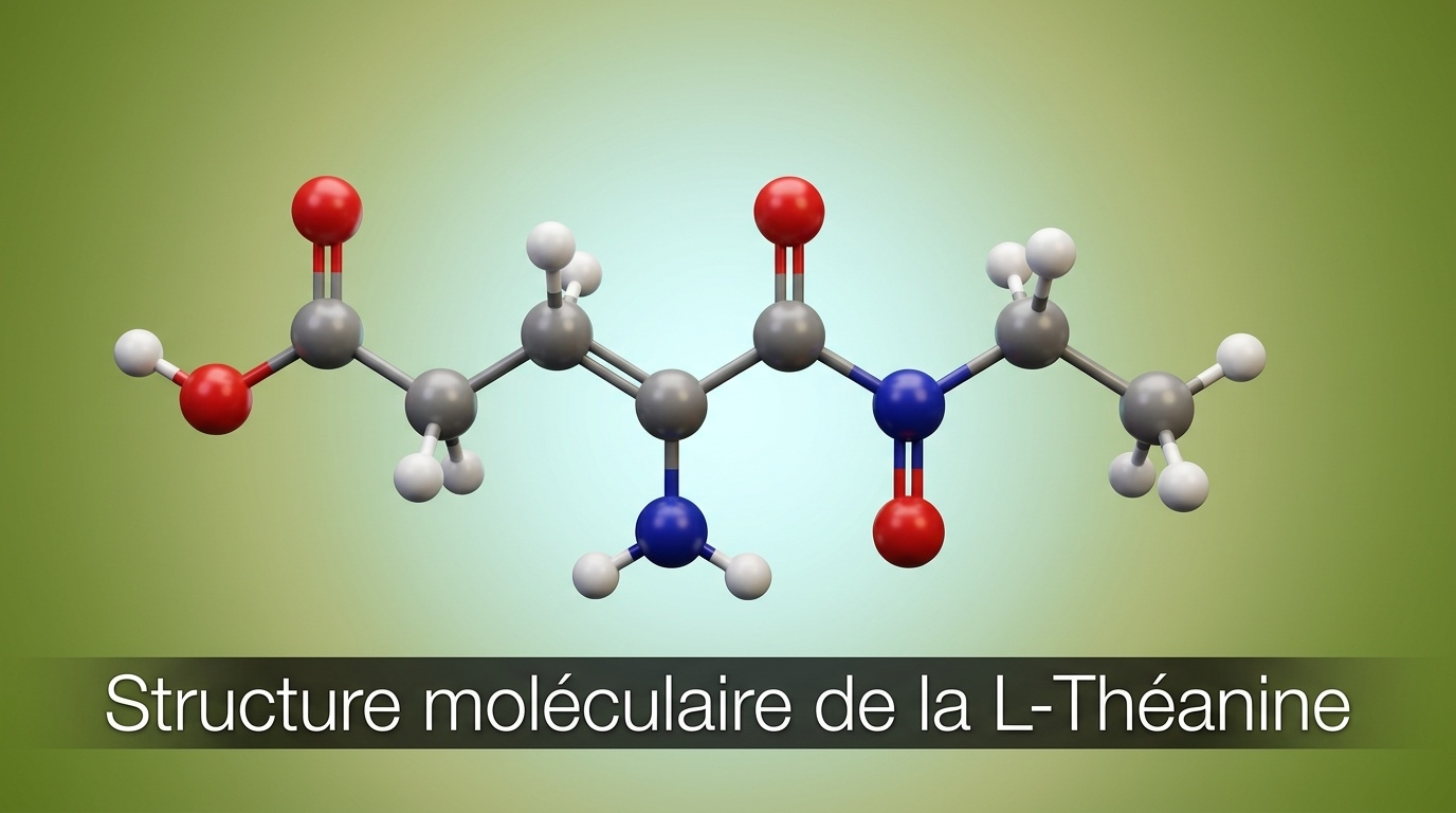 Représentation scientifique détaillée de la L-théanine, acide aminé non protéinogène du thé vert caractérisé par sa liaison amide γ atypique (au lieu de la liaison peptidique α classique) qui explique sa capacité à traverser la barrière hémato-encéphalique.