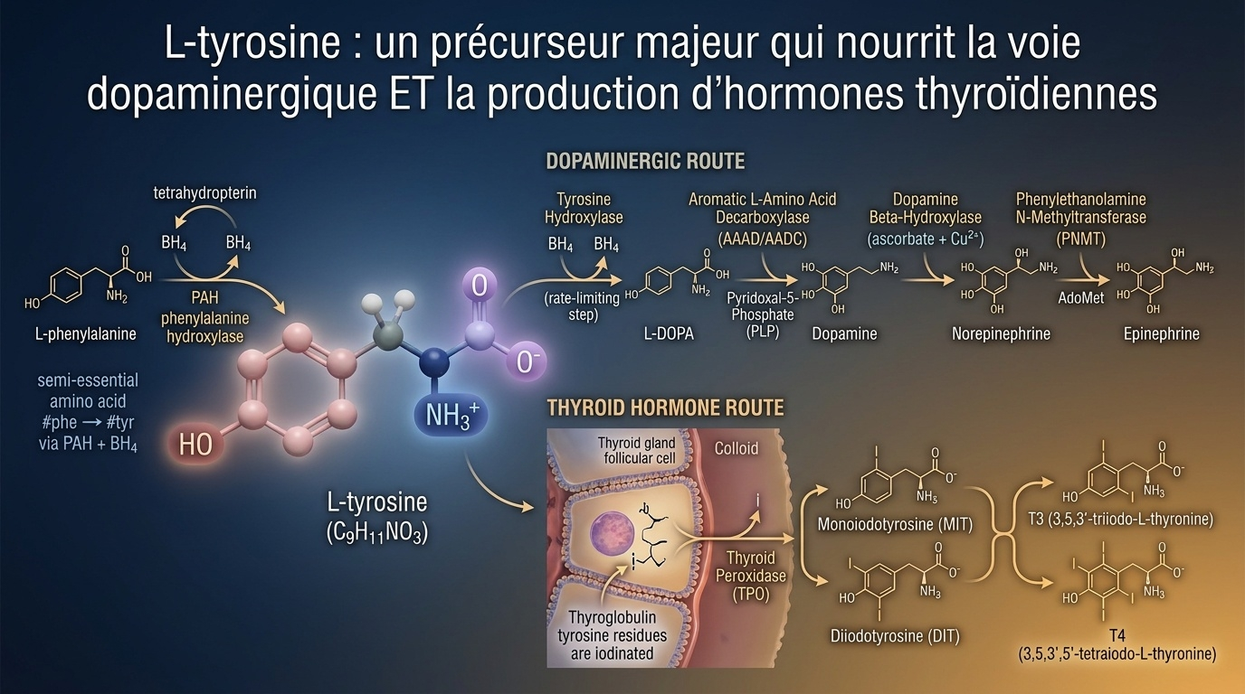Vue d'ensemble de la double descendance de la L-tyrosine : catécholamines d'un côté, hormones thyroïdiennes de l'autre.