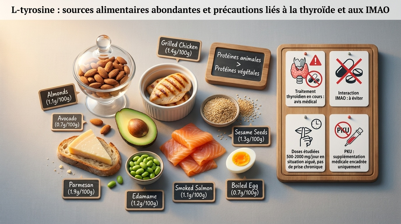  Vue d'ensemble food‑scientifique des aliments riches en tyrosine et panneau de sécurité rappelé dans l'article (thyroïde, IMAO, PKU, durée).