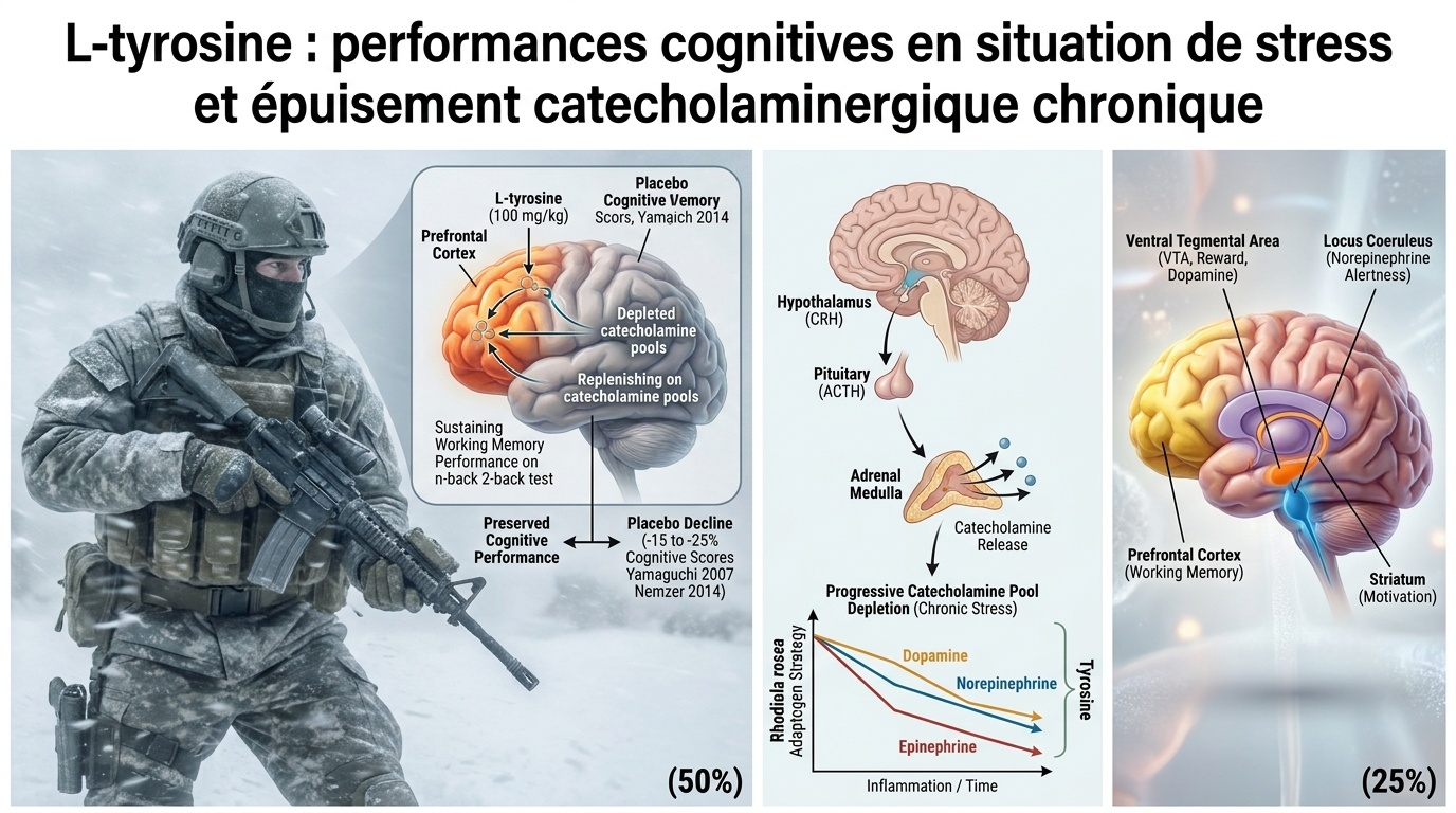 Illustration des bénéfices cognitifs de la L-tyrosine en conditions de stress aigu (froid, manque de sommeil, effort intense) et de son intérêt contre l'épuisement catécholaminergique chronique.
