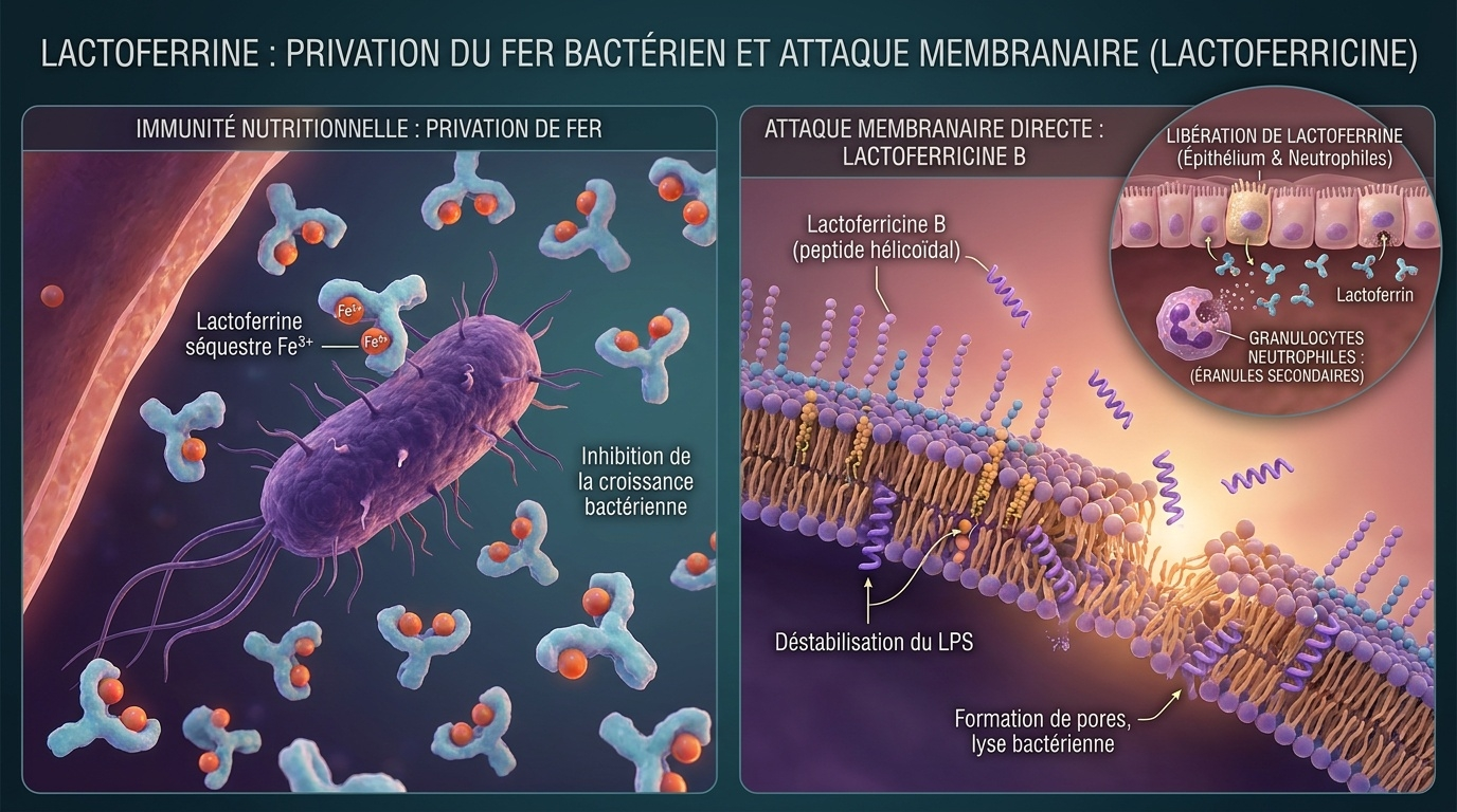 Vue d'ensemble du mécanisme antimicrobien à double composante : séquestration nutritionnelle du fer (immunité nutritionnelle) et attaque membranaire directe via le peptide lactoferricine libéré par digestion trypsique.
