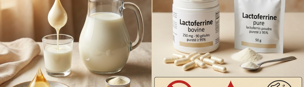 Composition éditoriale hyper‑réaliste mêlant food‑photography premium et élégance pharmaceutique, sur surface rustic‑cream : à gauche, élégant pichet en verre de lait bovin frais avec un verre rempli symbolisant la source naturellement présente ; au centre, une goutte dorée de colostrum maternel stylisée pour rappeler la concentration maximale au premier lait ; à droite, présentoir pharmaceutique « Lactoferrine bovine 250 mg · gélules · pureté ≥ 95 % » avec quelques gélules éparses et un sachet refermable de 50 g de poudre de lactoferrine à côté d'une cuillère doseuse ; trois pictogrammes d'avertissement en bas à droite : allergie protéines lait de vache (silhouette de vache barrée), comparaison avec fer classique moins d'effets GI (goutte de sang + intestin apaisé), effet prébiotique sur bifidobactéries (petit intestin stylisé avec bifidobactéries vertes).