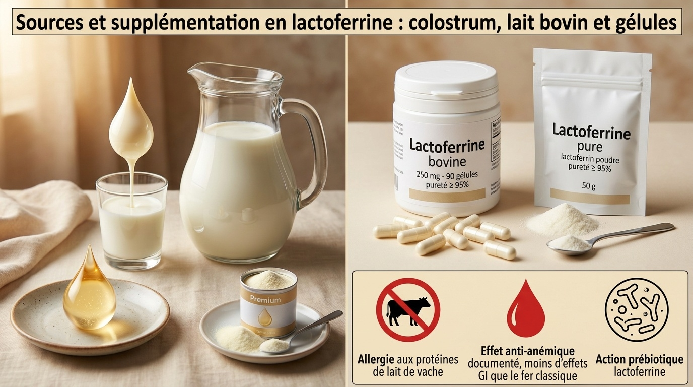 Vue d'ensemble des sources naturelles (lait bovin, colostrum maternel) et des formes commerciales (gélules, poudre) de lactoferrine, avec repères d'utilisation et de précaution (allergie aux protéines bovines, avantage digestif vs fer classique, soutien bifidogène du microbiote).