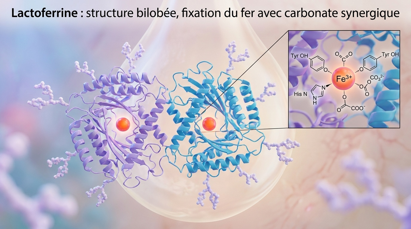 Représentation scientifique de la lactoferrine, protéine de la famille des transferrines mais douée d'une affinité pour le fer ≈ 300 fois supérieure à la transferrine plasmatique, particulièrement efficace dans les environnements inflammatoires au pH modérément acide.