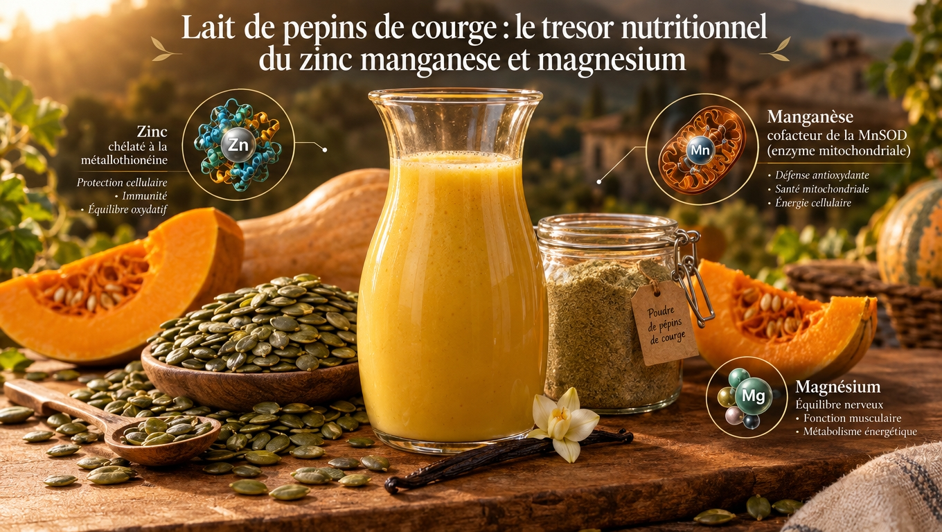  Une alternative au lait de citrouille industriel, sans sucre ajouté : zinc ≈ 8‑10 mg/portion pour soutenir les lymphocytes T innés.