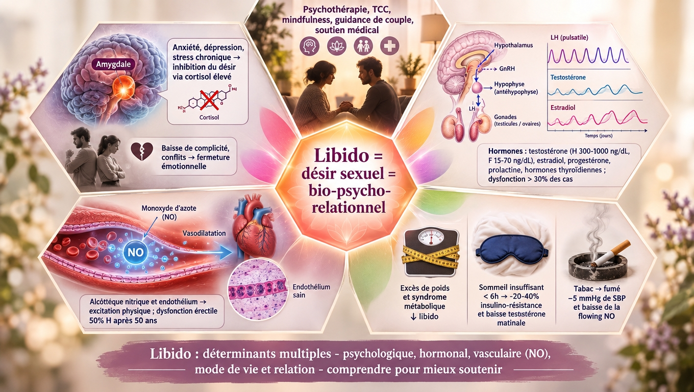 Psychologique, hormonal, vasculaire, mode de vie, relationnel : cinq axes indissociables — comprendre la ou les causes réelles, c'est agir avec précision.