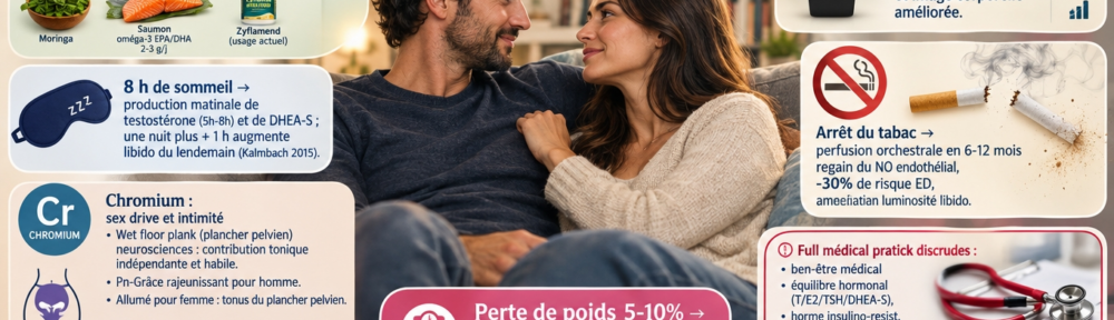 Infographie en quatre médaillons sur fond crème‑safran. En haut à gauche, plat doré de poudre de Maca (Lepidium meyenii) et copeaux de racine réhydratés, graphique « Maca 1,5‑3 g/j → libido masculine (Gonzales 2002 : spermatozoïdes +20‑30 %) et féminine (Meissner 2006 : bouffées de chaleur ‑50‑70 %) ; sans modification directe T/E2 ». En haut à droite, feuille brillante de Tribulus terrestris et fleur jaune, tube de protodioscine et encart « Tribulus – mythe testostérone (animal +20‑30 % vs humain 0‑2 %) MAIS effets périphériques (sensibilisation AR + NO) ; libido féminine +25‑35 % (de Souza 2015) ». En bas à gauche, scène apothicaire avec feuilles de Ginkgo, racine de Ginseng américain et asiatique tranchée, notes « Ginkgo biloba 120‑240 mg/j → circulation périphérique, soutien du NO, amélioration du plaisir sous ISRS » et « Ginseng 0,5‑2 g/j → adaptogène, anti‑fatigue, légère érection plus longtemps ». En bas à droite, boîte en bois de graines de fenugrec et racine d'Ashwagandha : « Fenugrec 600 mg/j extrait ≥ 20 % saponines → testostérone libre +12‑25 %, DHT ‑9‑15 % (Steels 2011, Wankhede 2016) », « Ashwagandha KSM‑66 300 mg × 2/j → cortisol ‑27‑33 %, HAM‑A/IIEF améliorés (Lopresti 2019) ».