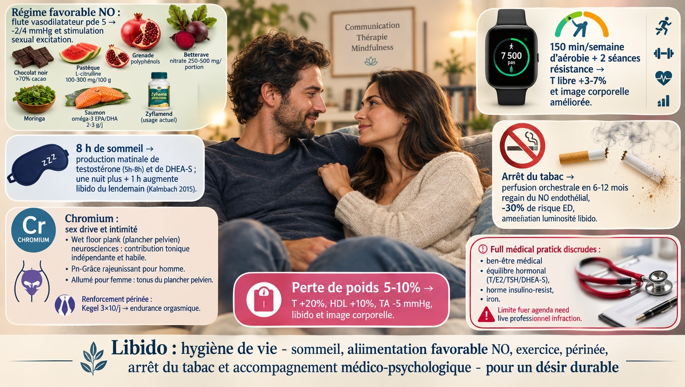 Maca sans hormones, Tribulus périphérique + NO, Fenugrec par DHT, Ashwagandha par cortisol : une trousse botanique complémentaire, jamais un substitut à un suivi médical ciblé.
