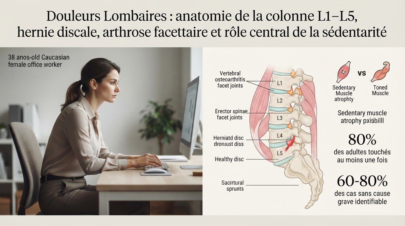 Lombalgie commune, 80 % des adultes touchés ; disque intervertébral clé, hernie discale L4-L5/L5-S1, arthrose facettaire et atrophie multifidus par sédentarité : levers, marcher, nager.