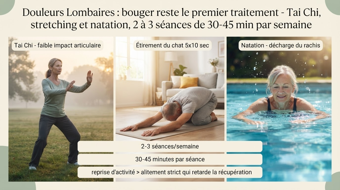 Bouger est le meilleur rempart : Tai Chi, natation, marche, stretching du chat — 2–3 séances de 30–45 min/sem plutôt qu'alitement prolongé.