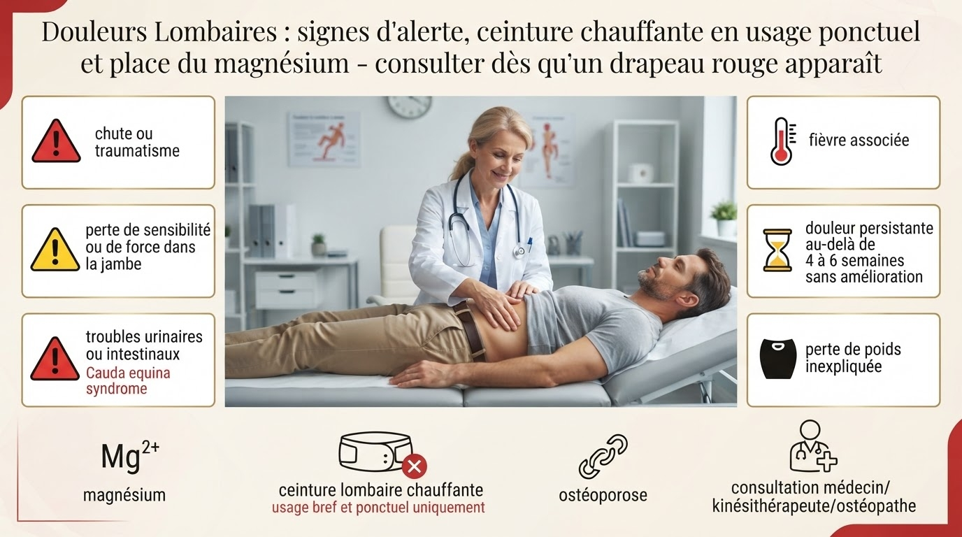 Drapeaux rouges : traumatisme, paralysie, troubles sphinctériens, fièvre, douleur > 4–6 semaines ; ceinture chauffante brève, magnésium 300–400 mg/j et avis médical dès qu'un signal apparaît.