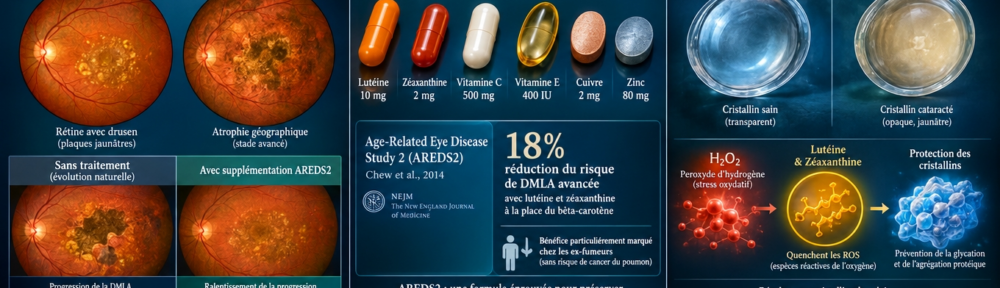 infographie split‑screen cinématographique sur fond cobalt‑teal profond. Panneau gauche – DMLA : cliché de fond d'œil simulant une dégénérescence maculaire liée à l'âge avec drusen jaunâtres, plages d'atrophie géographique ; comparaison côte à côte : évolution sans prise en charge nutritionnelle vs évolution stabilisée avec supplémentation AREDS2 (Chew 2014). Photographie OCT maculaire montrant amincissement de la couche réceptrice et migration pigmentaire. Panneau central – Formulation AREDS2 officielle : gélules illustrées avec dosages– lutéine 10 mg + zéaxanthine 2 mg (remplaçant le β‑carotène 15 mg d'origine), vitamine C 500 mg, vitamine E 400 UI, cuivre 2 mg, zinc 80 mg ; graphique en barres synthétisant les résultats AREDS2 – réduction de 18 % du risque de progression vers la DMLA avancée, 25 % dans le sous‑groupe lutéine/zéaxanthine basse, bénéfice majoré chez les ex‑fumeurs sans risque pulmonaire du β‑carotène (INHANCE 2024). Panneau droit – Cataracte : cristallin clair (réfraction limpide) vs cristallin opacifié jaunâtre (cataracte cortico‑nucléaire) avec représentation du stress oxydatif (H₂O₂, peroxydation lipidique des cristallines) ; les lutéine/zéaxanthine neutralisent H₂O₂ et l'oxydation des cristallines γ et des protéines membranaires, ralentissant l'opacification (Tan 2008, Santé‑CHMS). Bandeau bas : lien avec l'astaxanthine, la vitamine A, le zinc, la carnosine (anti‑glycation) et le stress oxydatif.