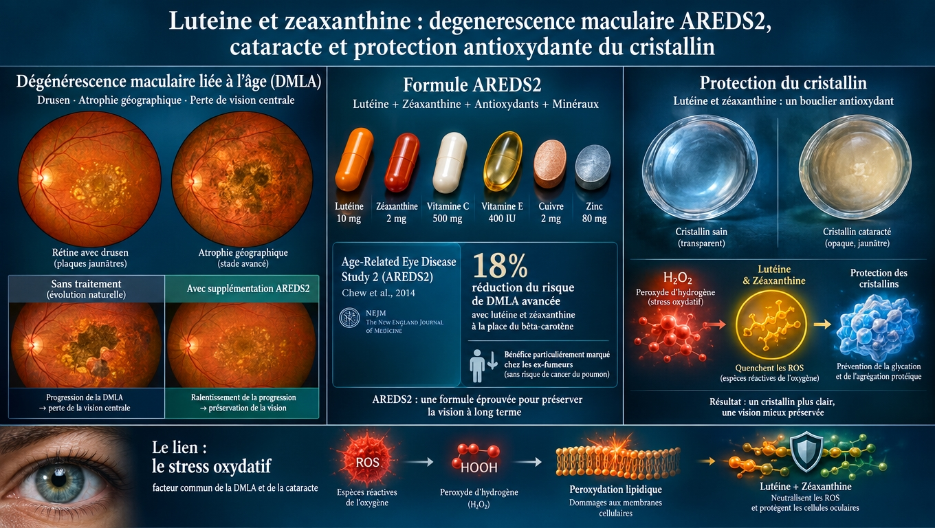 Convergence AREDS2 (lutéine 10 mg + zéaxanthine 2 mg) sur la DMLA avancée et protection parallèle contre la cataracte via la cascade oxydative.
