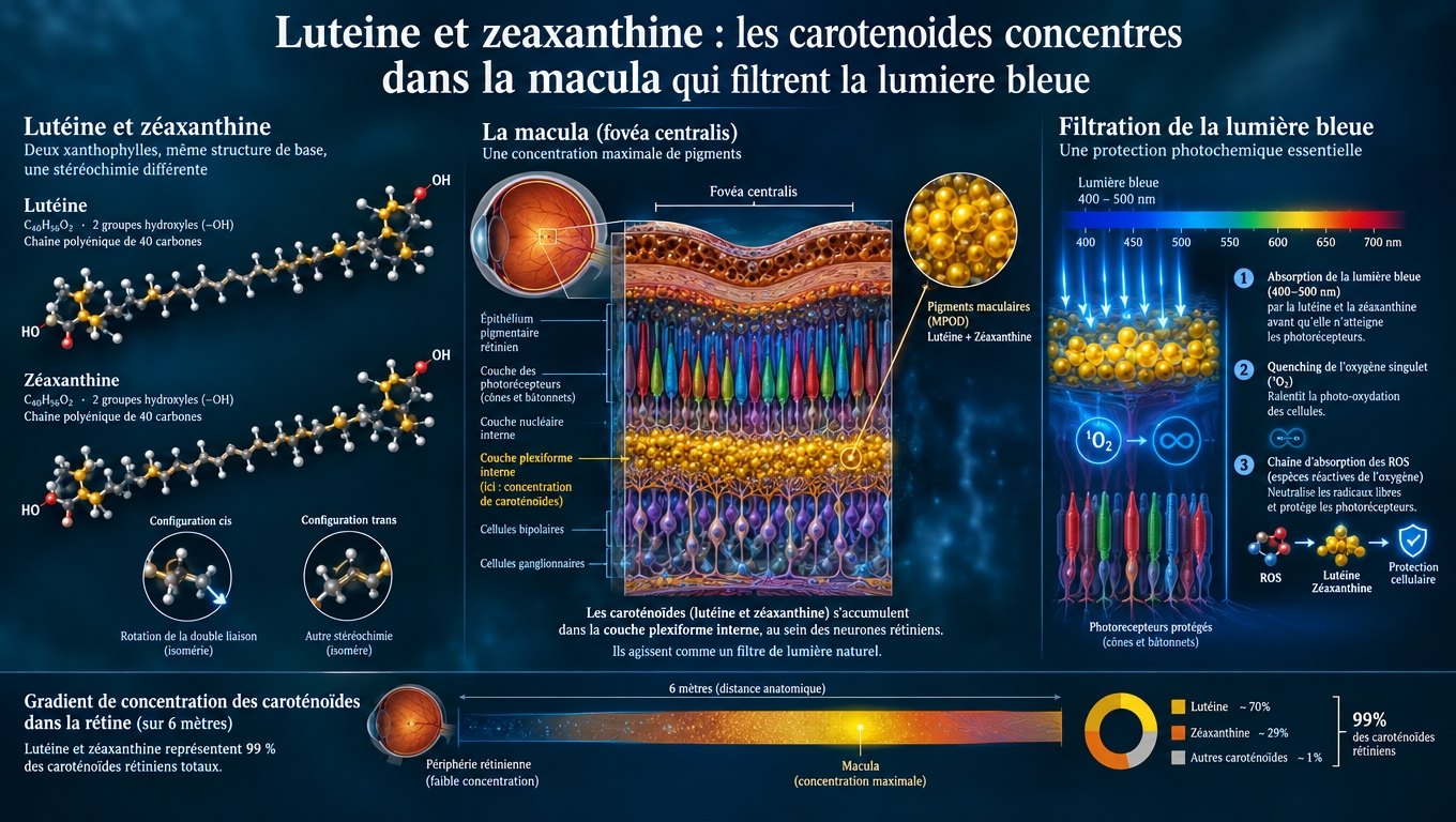 Vue moléculaire des deux xanthophylles, leur concentration maculaire unique et leur rôle de filtre naturel contre la lumière bleue et le stress oxydatif.