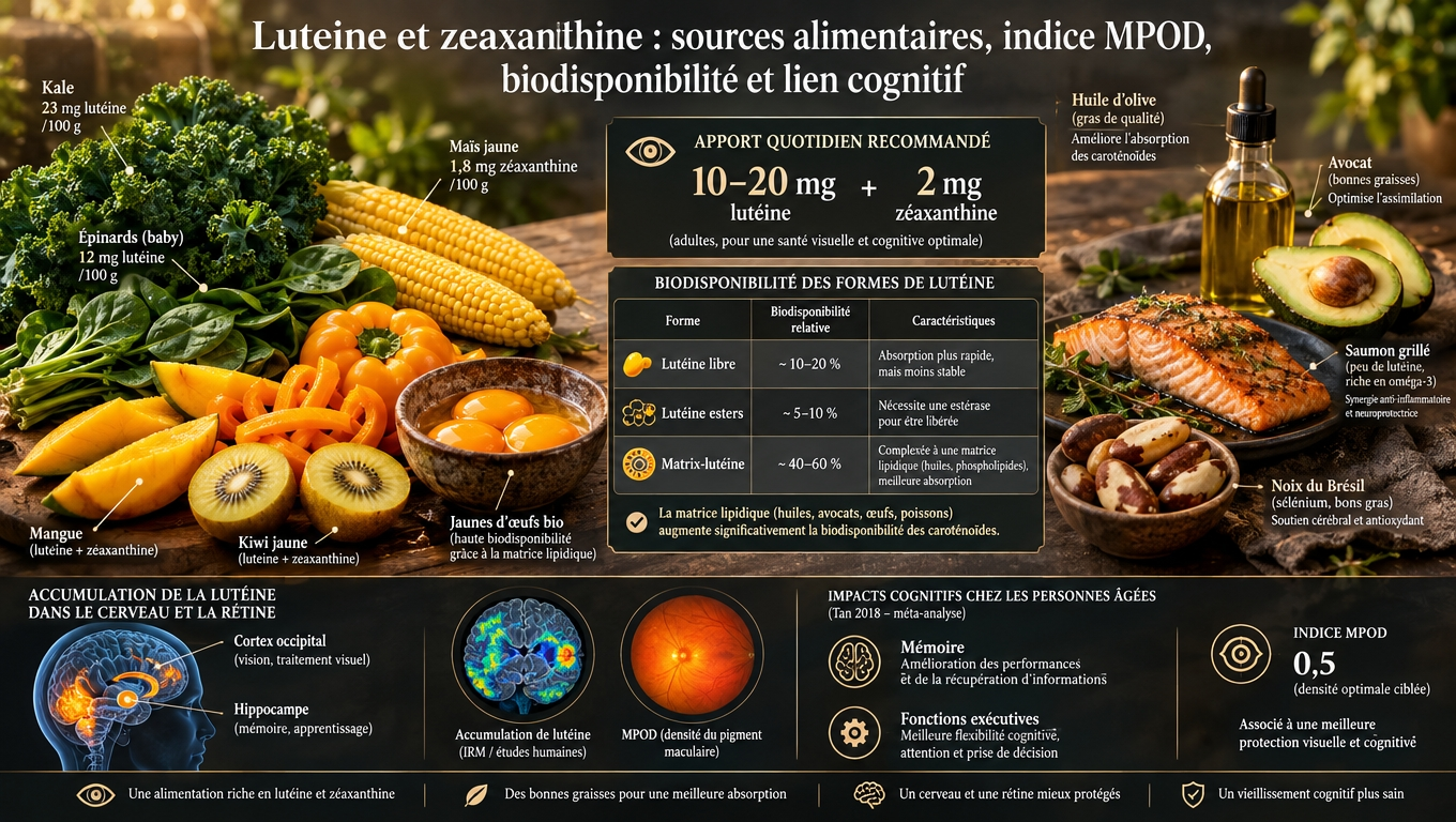 Top des aliments riches en lutéine/zéaxanthine, optimisation de l'absorption lipidique, cible MPOD santé et extension du bénéfice au cerveau cognitif.
