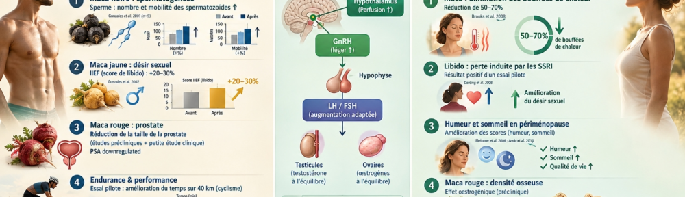 infographie médicale split-screen sur fond crème-chaud et menthe-pâle ; composante verticale gauche (Homme) — silhouette masculine et 4 icônes avec graphiques : 1) Maca noire + concentration et mobilité des spermatozoïdes (Gonzales 2001, n=9) avec flèche ↑ ; 2) Maca jaune + désir sexuel IIEF score +20-30 % (Gonzales 2002) ; 3) Maca rouge + réduction taille prostate (préclinique + petits cliniques, PSA régulé à la baisse) ; 4) performance d'endurance pilote — amélioration du temps au contre-la-montre cycliste de 40 km ; composante verticale droite (Femme) — silhouette féminine et 4 icônes : 1) bouffées de chaleur -50-70 % (Brooks 2008) ; 2) perte de libido induite par ISRS — pilote positif (Dording 2008) ; 3) amélioration score d'humeur et sommeil péri-ménopausique (Meissner 2006, Ando 2019) ; 4) Maca rouge + densité osseuse illustration préclinique (effet osseux indépendant des œstrogènes) ; barre centrale : diagramme de modulation de l'axe HPG avec hypothalamus-pulsatilité GnRH → LH/FSH s'adaptant à la ligne de base (uplift doux, non-débordant) ; bandeau bas conclusion de méta-analyse (Shin 2010) — bénéfice sur fonction sexuelle sur 4 RCT, limites méthodologiques, davantage d'études nécessaires ; coin bas-droit : icône de contenu en fer (maca 17-22 mg/100 g), utile chez les femmes menstruées.