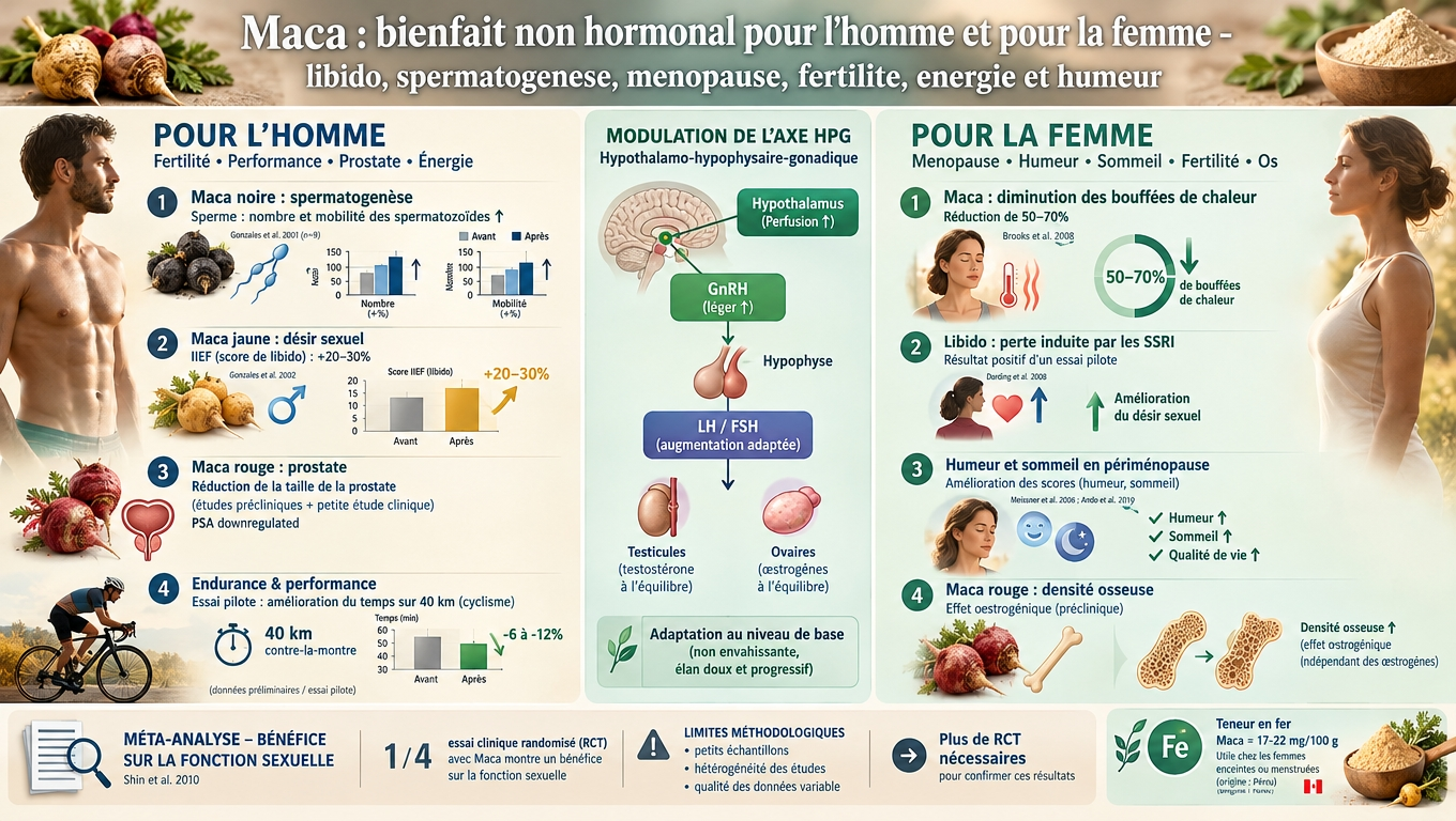 Maca noire pour spermatogenèse, jaune pour libido, rouge pour prostate/os, jaune/red pour ménopause — un même adaptogène, plusieurs bénéfices ciblés.