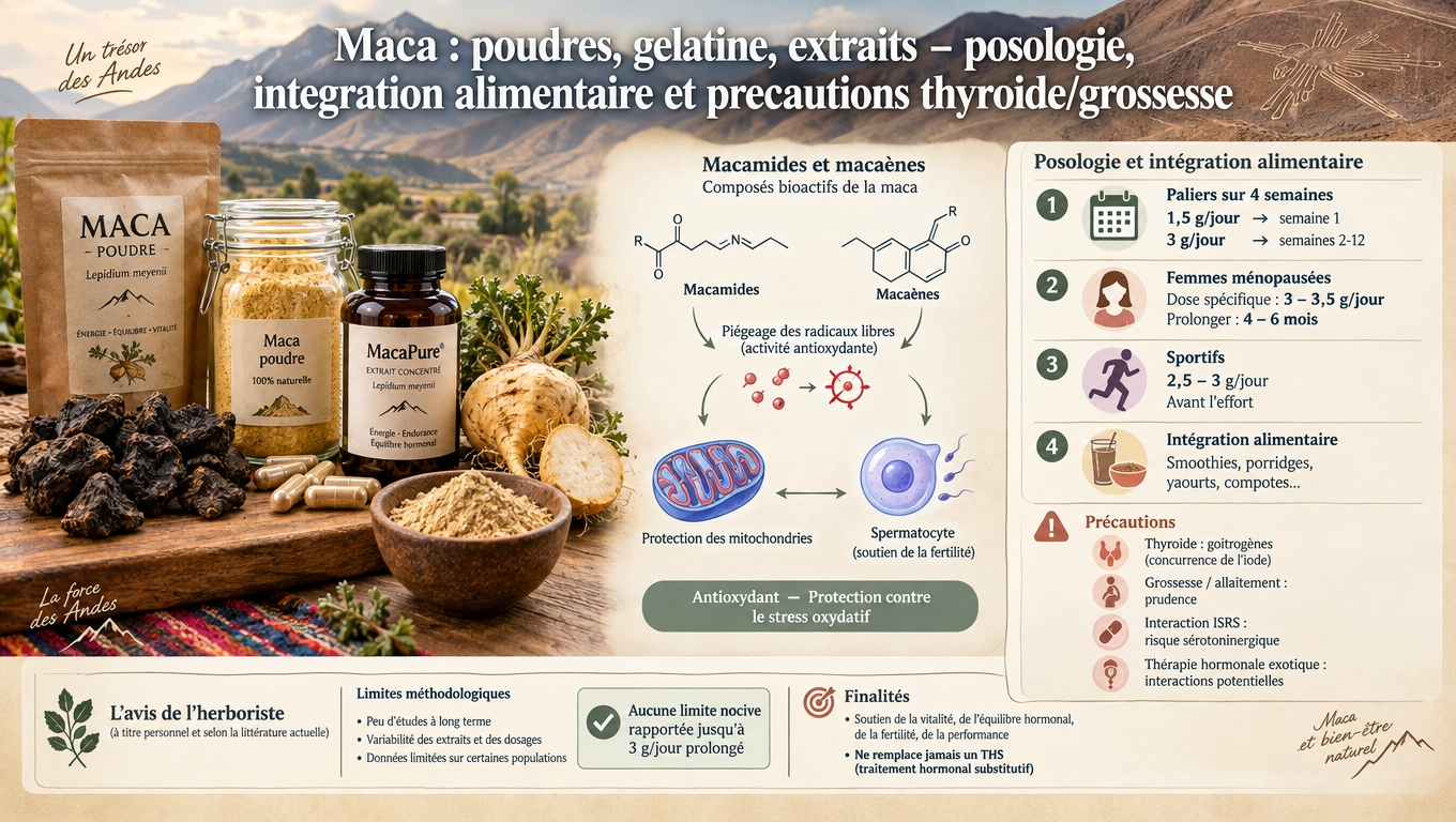 poudre, gélules, extrait concentré — la Maca s'adapte à toutes les routines, avec prudence sur la thyroïde et la grossesse.