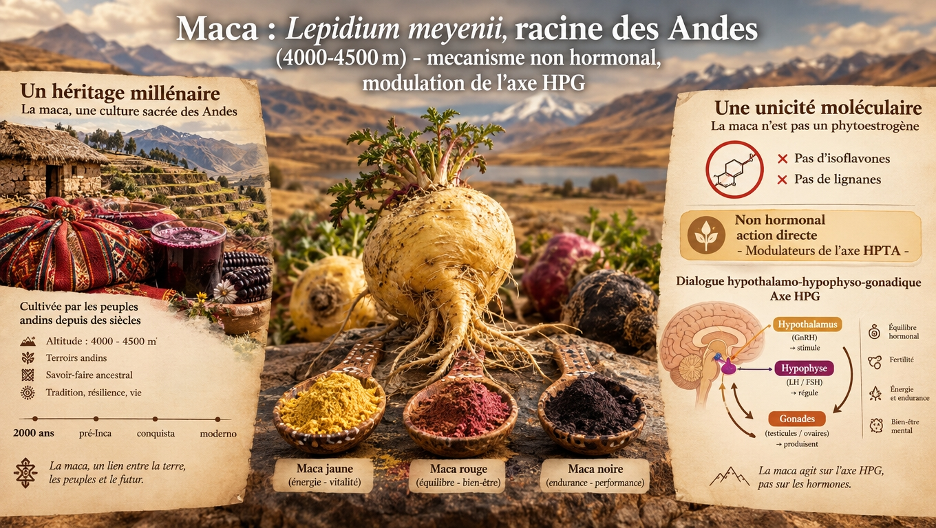Maca jaune/rouge/noire cultivée à 4 000 m d'altitude — un adaptogène andin qui module l'axe HPG sans action œstrogénique ou androgénique directe.