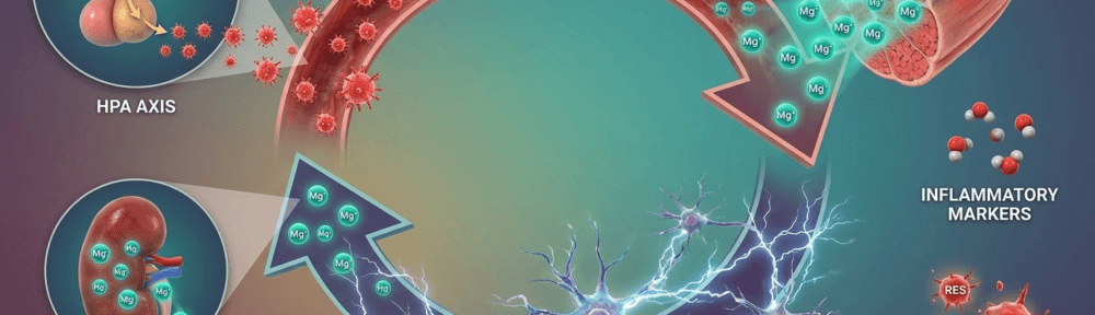 Visualisation hyperréaliste du cercle vicieux entre stress chronique et carence en magnésium montrant l'axe HPA activée, l'épuisement des réserves musculaires, l'hyperactivité neuronale compensatoire et l'aggravation cyclique.