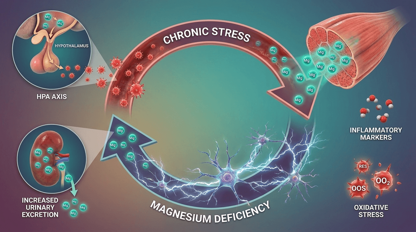 Schéma circulaire en 3D anatomique illustrant le feedback loop entre stress chronique et déficit magnésien, mécanisme central du cercle vicieux évoqué dans votre article.