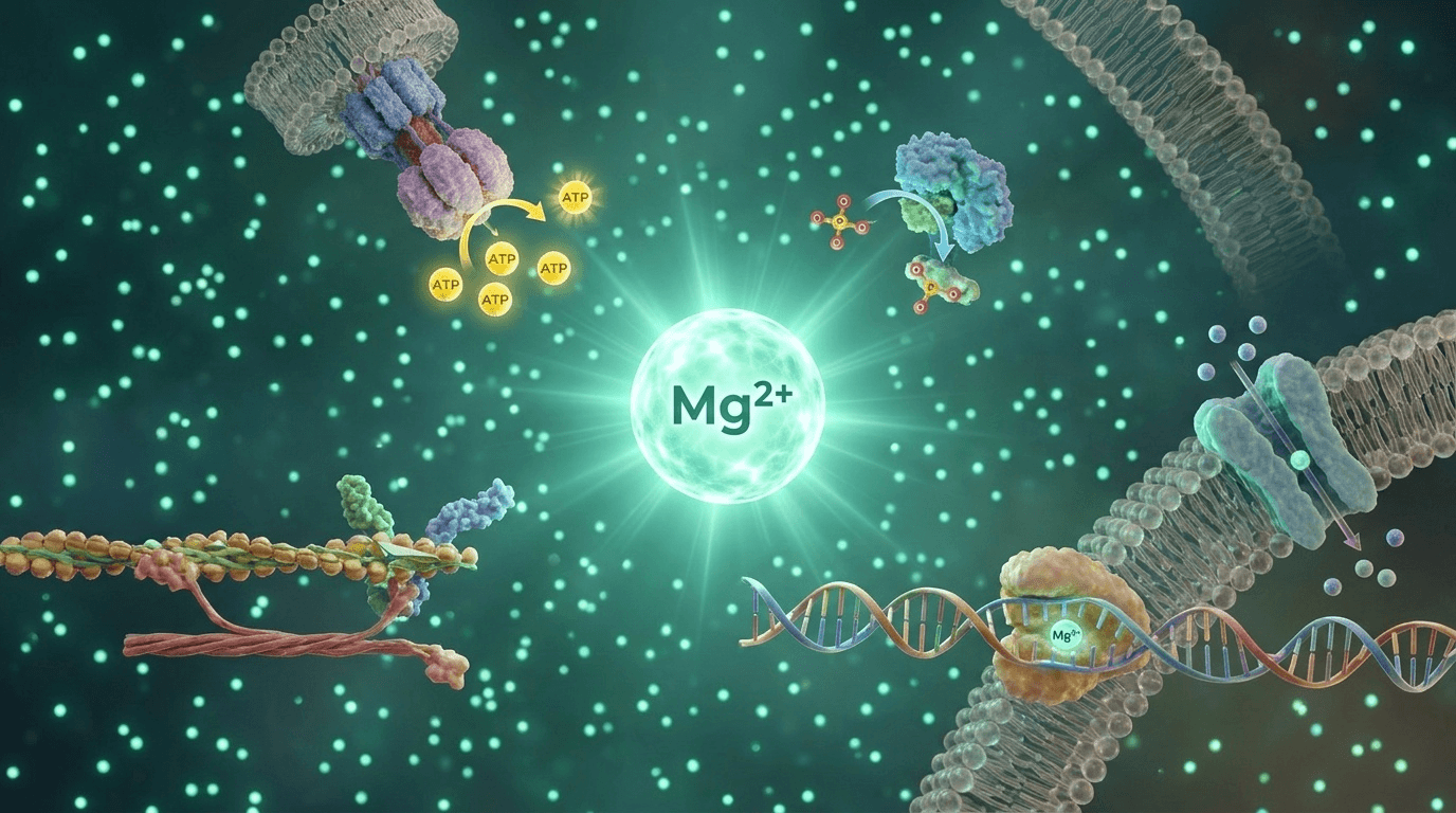 Représentation moléculaire haute précision illustrant le rôle central du magnésium comme cofacteur de plus de 300 enzymes, mettant en lumière son caractère ubiquitaire dans la machinerie cellulaire.