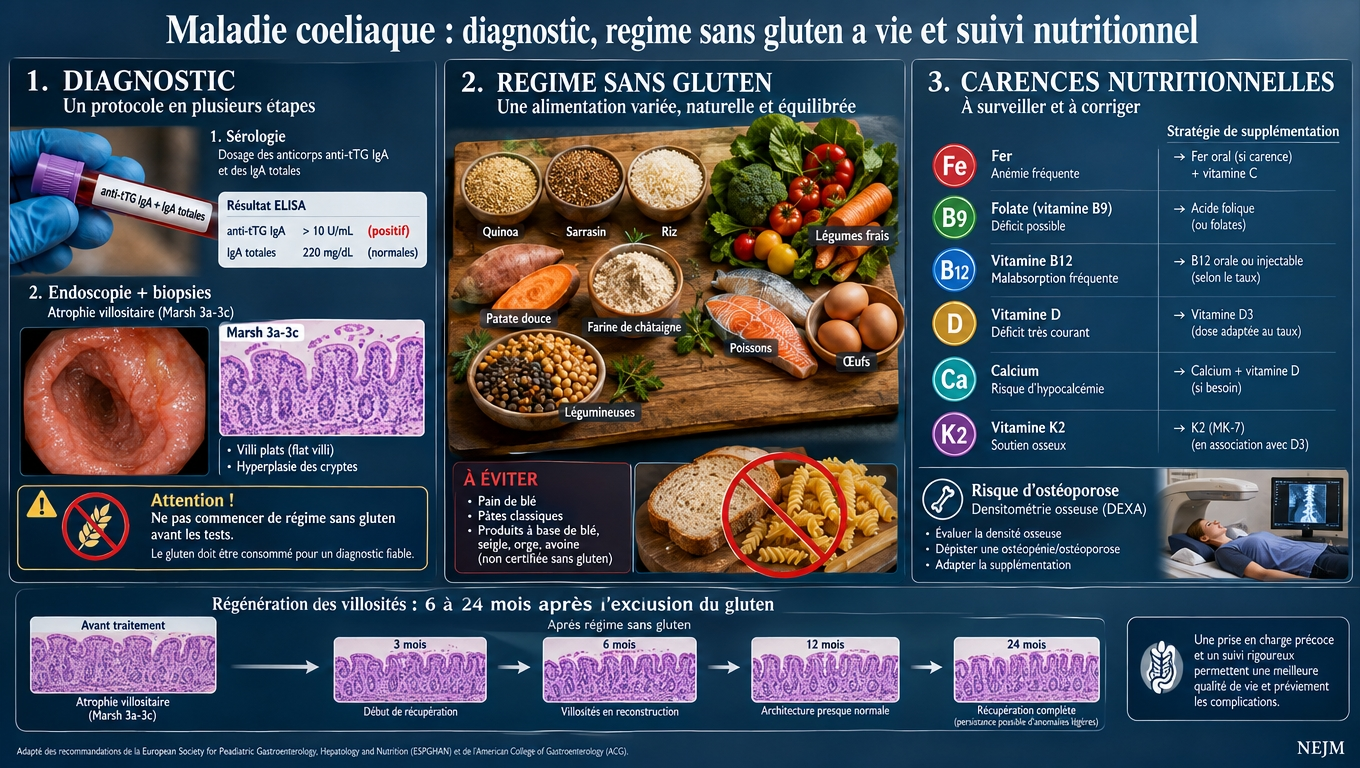  Protocole diagnostique (sérologie + biopsie), régime sans gluten strict à vie et surveillance des carences multiples.