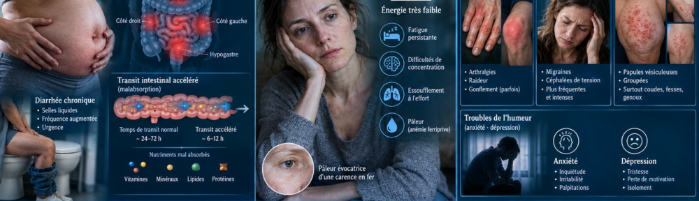 infographie split-screen. Panneau gauche – symptômes digestifs : abdomen distendu avec ballonnements visibles, personne se tenant le ventre, zone de douleurs abdominales périonales, transit ralenti ou accéléré (diarrhée chronique vs constipation), retard de croissance chez l'enfant. Panneau central – fatigue chronique : femme 40‑55 ans, teint pâle évoquant anémie ferriprive, cernes, ralentissement global, scintigraphie de fatigue par imagerie suggestive. Panneau droit – manifestations extra-digestives : rhumatologiques (articulations gonflées – doigts, genoux, hanches), neurologiques (maux de tête récurrents), dermatologiques (dermatite herpétiforme DH – éruption papulo-vésiculeuse prurigineuse groupée sur coudes/genoux/fesses), psychiatriques (anxiété, brouillard mental, dépression). Bandeau bas – spirale des carences : fer, folate, B12, vitamine D, calcium, K2, magnésium, zinc avec flèches « ↓ absorption duodénale ».