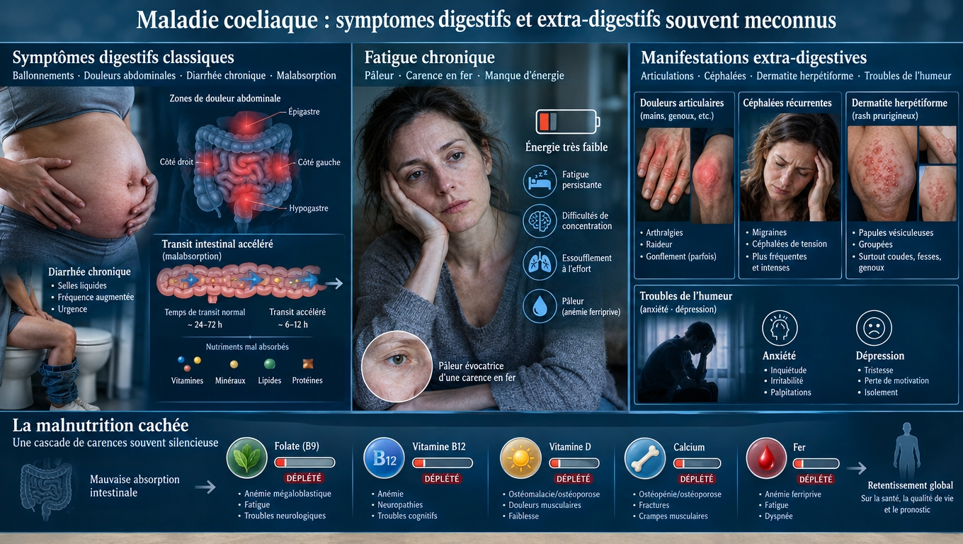  Panorama complet des manifestations digestives, extra‑digestives et des carences nutritionnelles multiples induites par la malabsorption cœliaque.