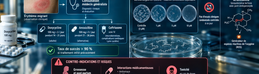 infographie split‑screen cinématographique. Panneau gauche – Antibiothérapie de première intention : algorithme clinique – suspect d'érythème migrant / piqûre de tique en zone endémique → consultation médecin