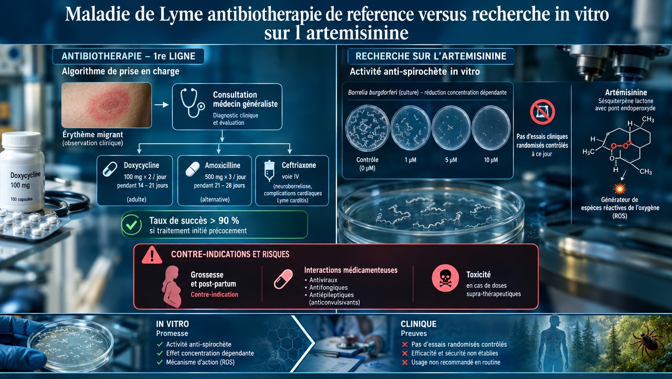 Distinction fondamentale entre antibiothérapie validée (doxycycline/amoxicilline/ceftriaxone, taux de guérison > 90 %) et la simple activité in vitro de l'artémisinine sur Borrelia – sans essai clinique randomisé.