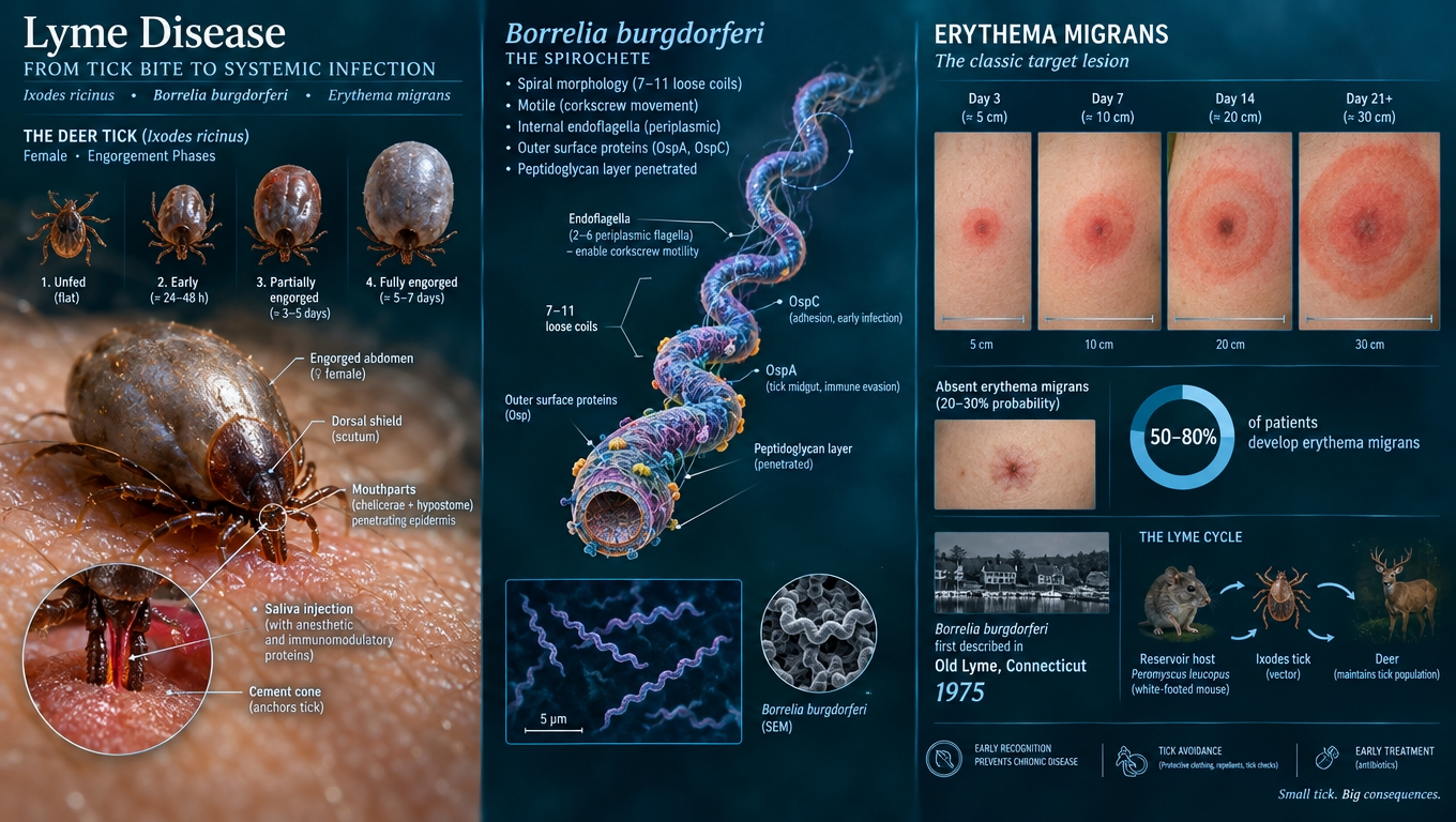 Vue d'ensemble d'Ixodes ricinus, Borrelia burgdorferi spirochète et de l'érythème migrant caractéristique – la triade diagnostique à connaître.