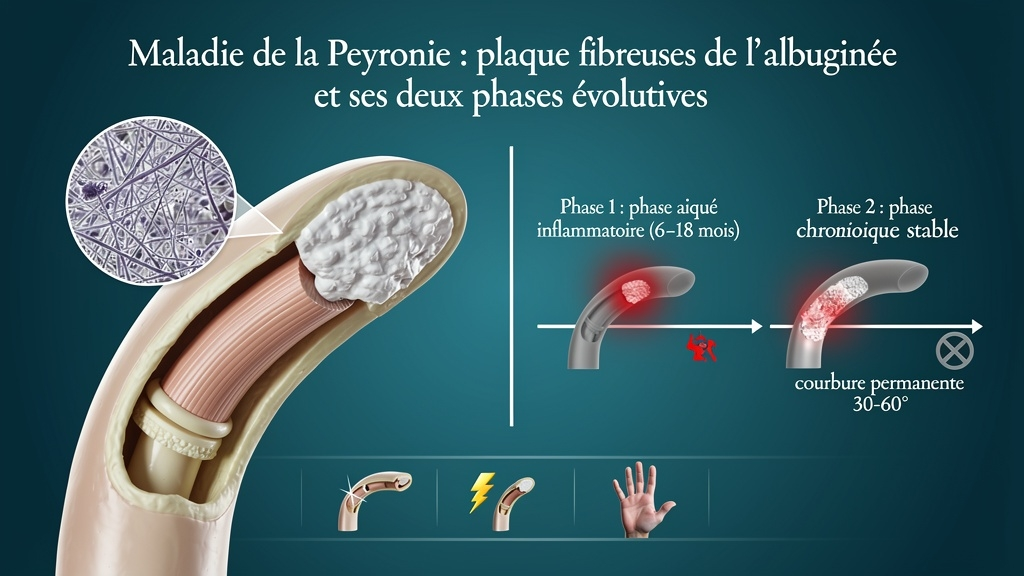 Vue anatomique et mécanique de la plaque fibreuse de l'albuginée et chronologie des deux phases (aiguë inflammatoire / chronique stable).