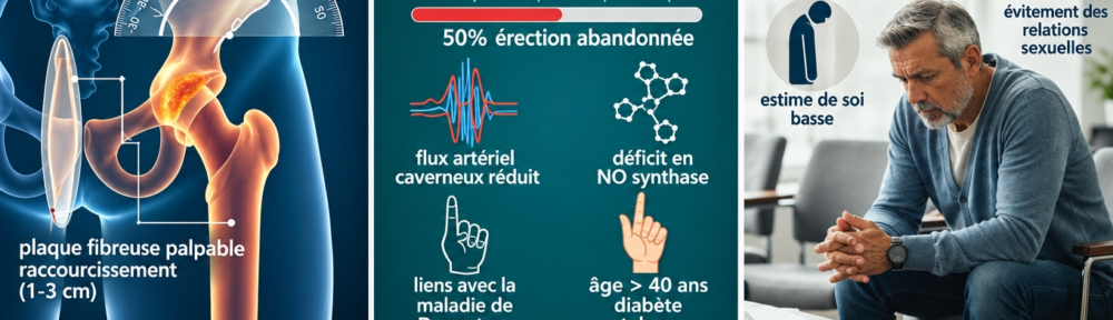infographie split‑screen cinématographique. Panneau gauche — Symptômes cliniques : pénis en érection montrant une courbure dorsale marquée 30‑45° avec mesure goniométrique en surimpression, plaque palpable ferme sous la peau, raccourcissement pénien (1‑3 cm) indiqué par une double‑flèche. Panneau central — Dysfonction érectile : coupe schématique du flux caverneux réduit, déficit en oxyde nitrique (NO) / NOS, comparaison avec une artère saine, association avec diabète et tabac. Iconographie des facteurs favorisants : maladie de Dupuytren contracturant la paume, homme > 40 ans, hyperglycémie, cigarette, dyslipidémie. Panneau droit — Impact psychologique : patient quinquagénaire assis en salle d'attente, visage préoccupé, anxiété relationnelle, évitement de l'intimité, échelle d'estime de soi basse, pictogrammes de la dépression et de la tension de couple. Bandeau bas : rappel du lien avec l'oxyde nitrique, le stress oxydatif et l'athérosclérose locale perturbant la vasodilatation caverneuse.